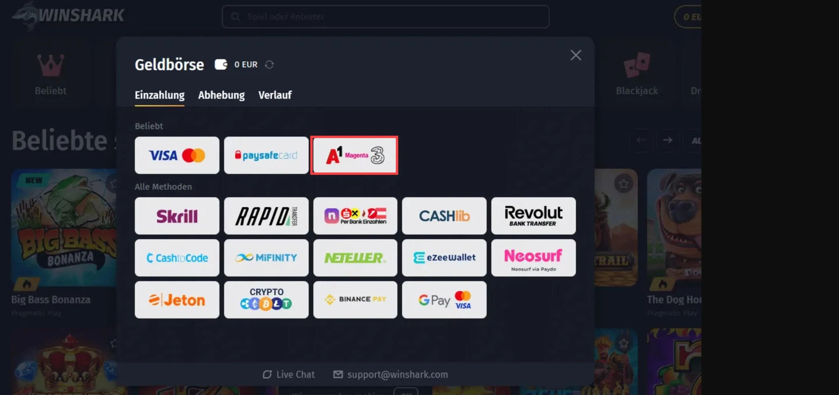 Winshark casino mit Drei bezahlen
